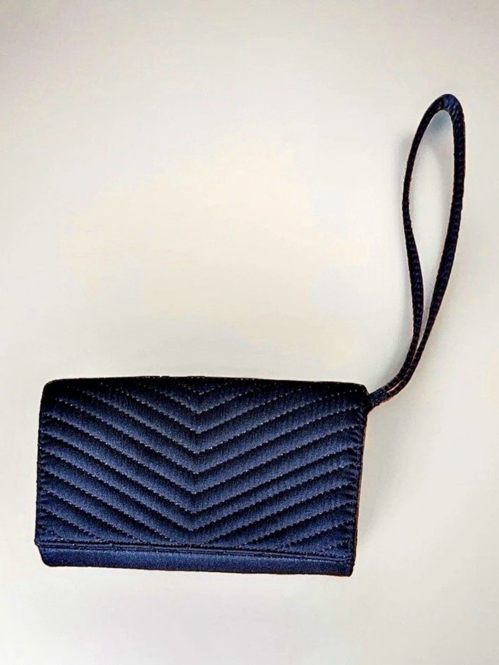 Neiman Marcus Black Satin Chevron Quilted Wristlet Clutch Evening Bag